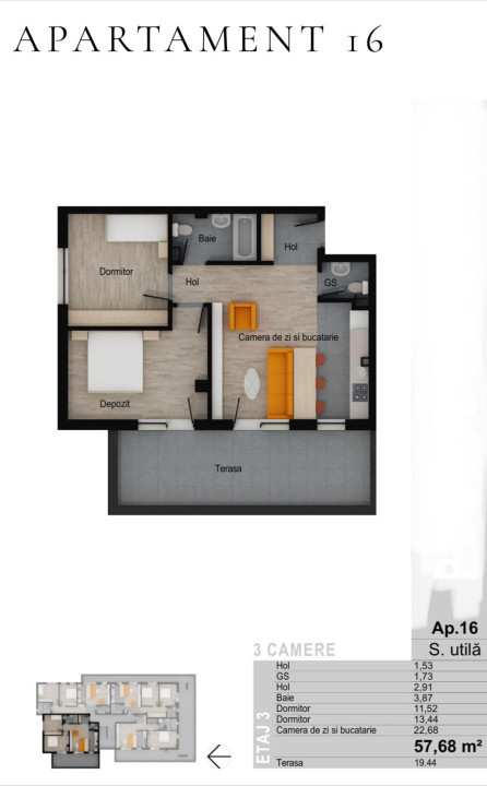 Apartament de 3 camere, 57,68 mp, terasa 19,44 mp, zona Muzeul Apei