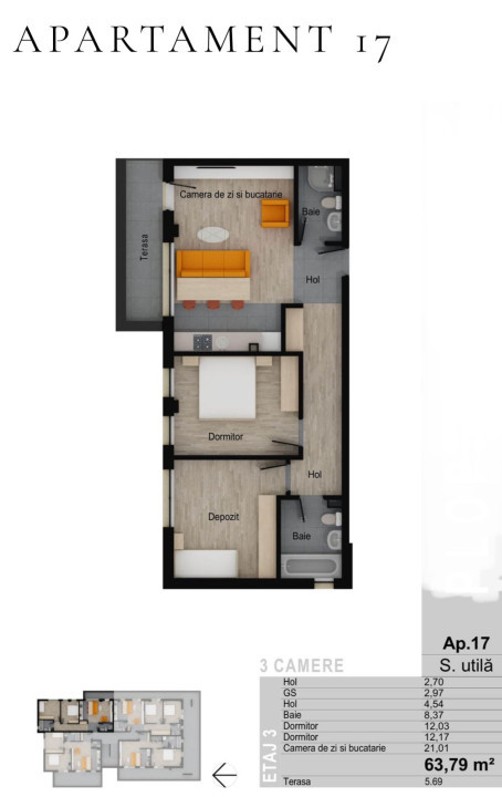 Apartament de 3 camere, 63,79 mp, terasa 5,69 mp, zona Muzeul Apei