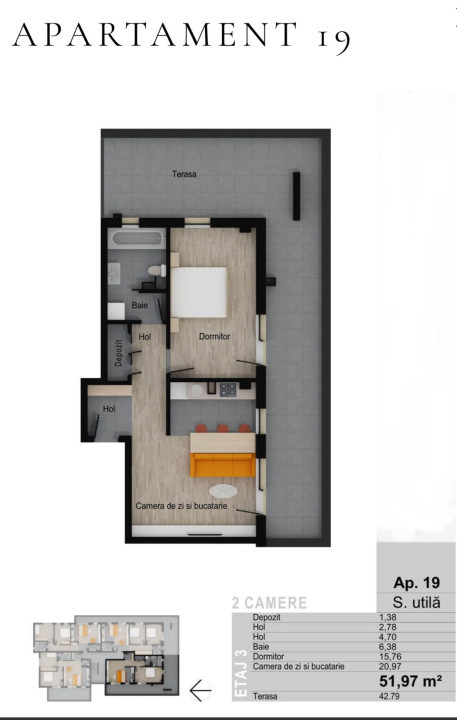 Apartament de 2 camere, 51,97 mp, terasa 42,79 mp, zona Muzeul Apei