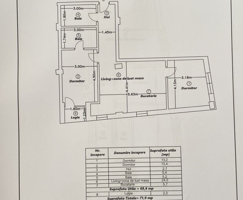 Apartament finisat 3 camere si 2 bai,  69.6 mp utili plus balcon Dambul Rotund 