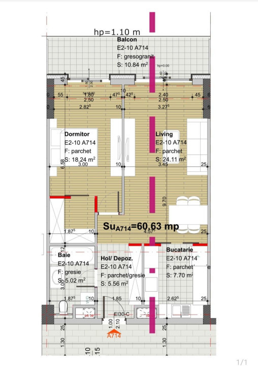 Apartament de 2 camere, 61 mp, semidecomandat, Oxygen Residence 