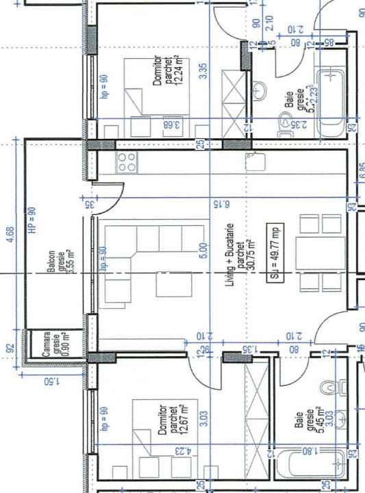 Apartament de 2 camere, 49,77mp, semifinisat, etaj interediar, zona Teilor