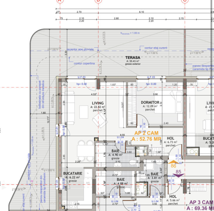 Apartament de 2 camere, 52,76 mp, terasa de 55 mp, zona exclusivista Centrala