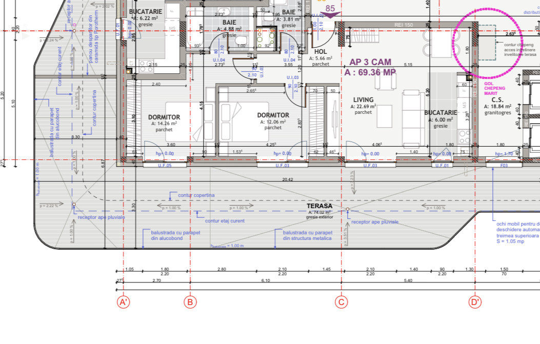 Apartament de 3 camere, 69 mp, 72 mp terasa cu view, zona exclusivista Centrala