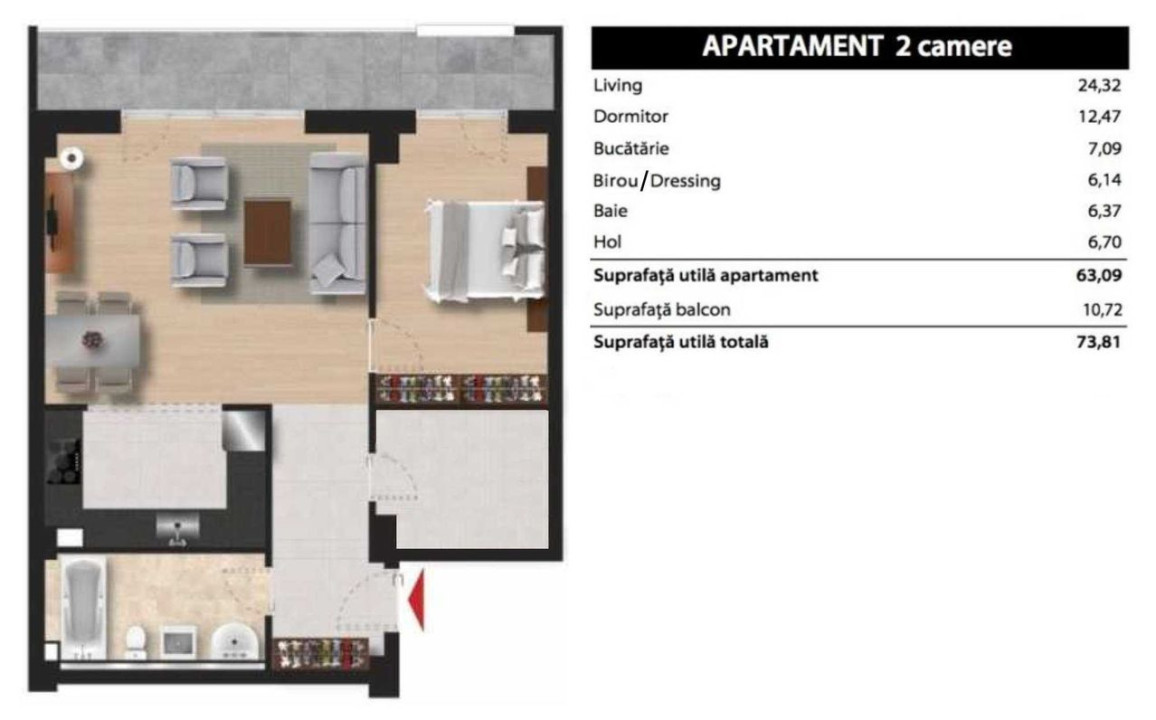 Apartament 2 camere + birou dressing, 63mp + balcon 10mp, zona Gheorgheni