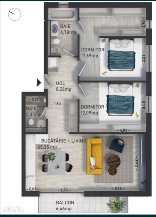 Apartament de 3 camere, 70.3 mp, finisat, mobilat , parcare, zona Baciu 