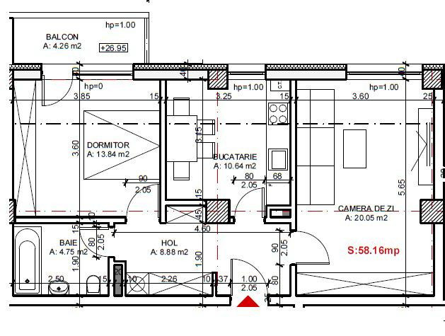 Apartament 2 camere decomandate, 59 mp utili, balcon, zona Sopor