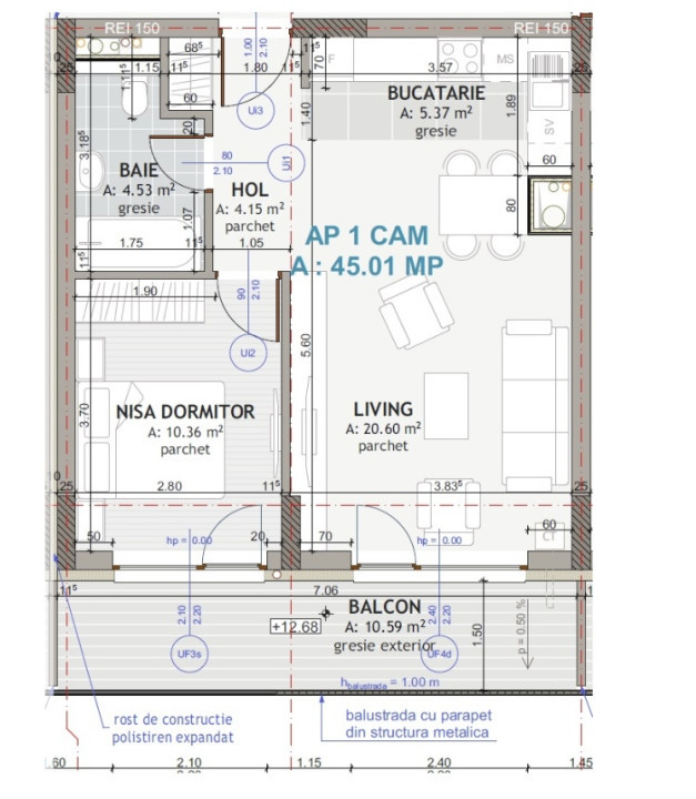 Apartament de 2 camere, 45 mp, Finisat, terasa, parcare, Zona Eroilor