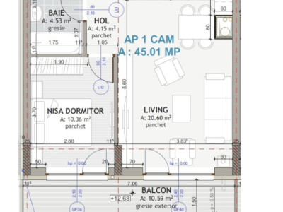 Apartament de 2 camere, 45 mp, Finisat, terasa, parcare, Zona Eroilor