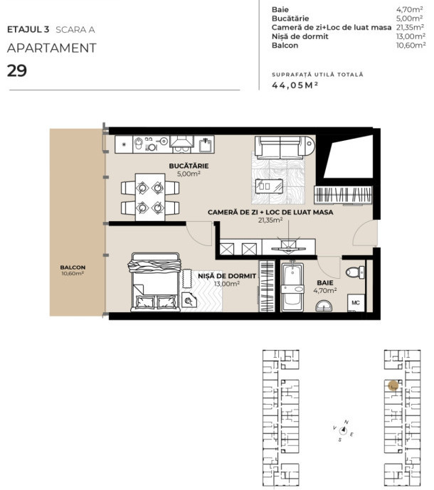 Apartament cu 2 camere, 44mp, intermediar, Semicentral