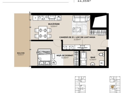 Apartament cu 2 camere, 44mp, intermediar, Semicentral