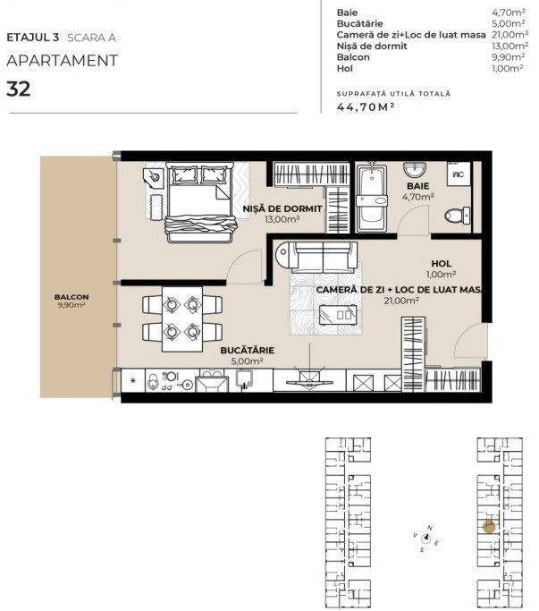 Apartament cu 2 camere, 44,7mp, intermediar, Semicentral