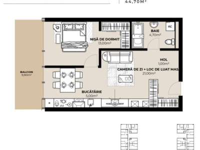 Apartament cu 2 camere, 44,7mp, intermediar, Semicentral