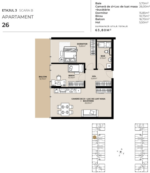 Apartament cu 3 camere, 63,8mp, intermediar, Semicentral