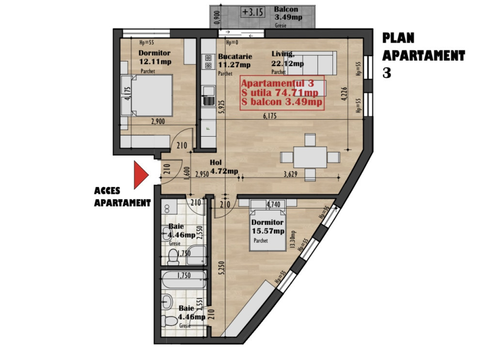 Apartament 3 camere, 74,71 mp utili, balcon, zona Auchan Iris