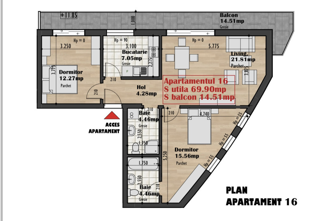 Apartament 2 camere, 46,79 mp utili, 37,75 mp terasa, zona Auchan Iris